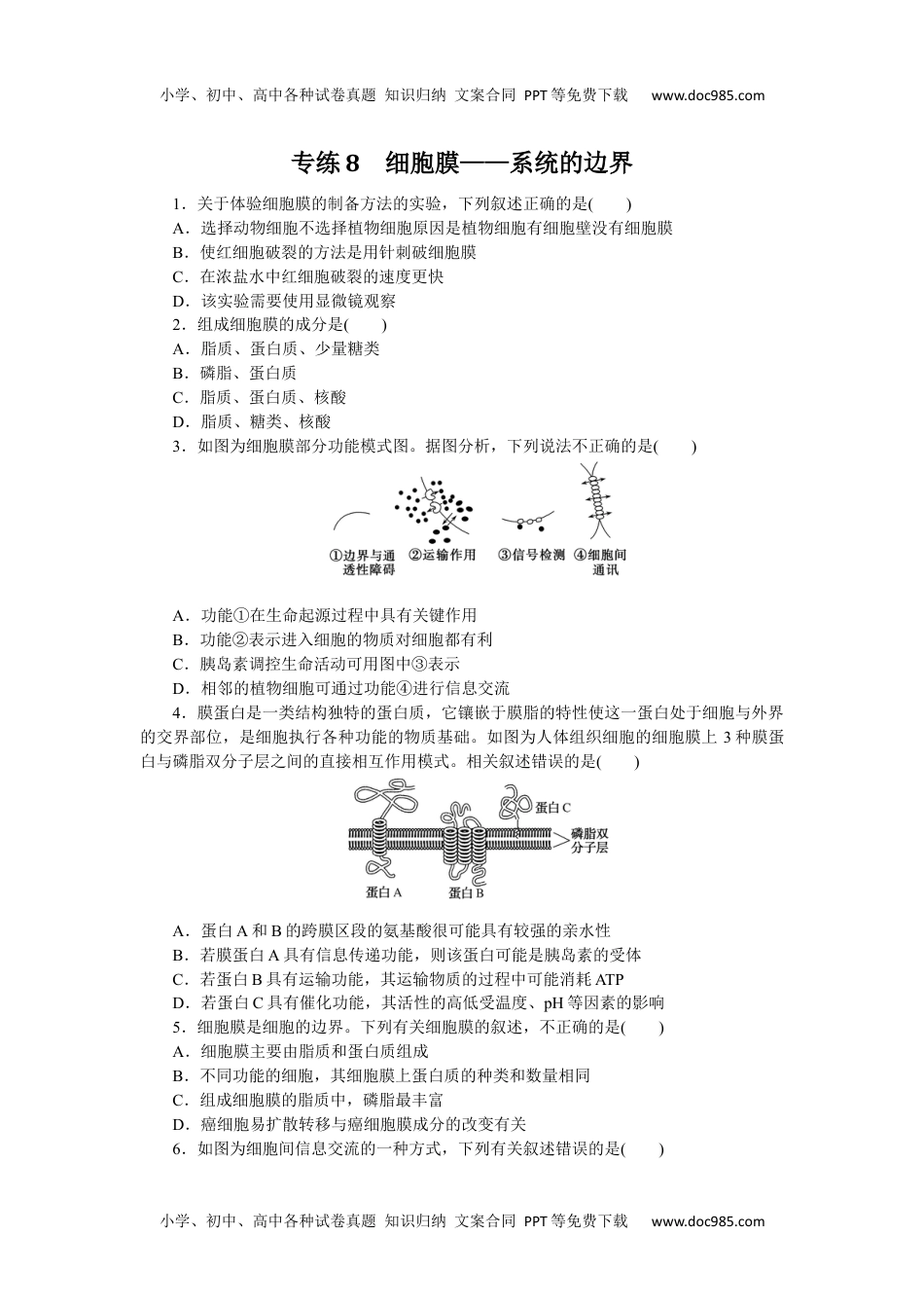 2023《微专题·小练习》·生物专练8　细胞膜——系统的边界.docx