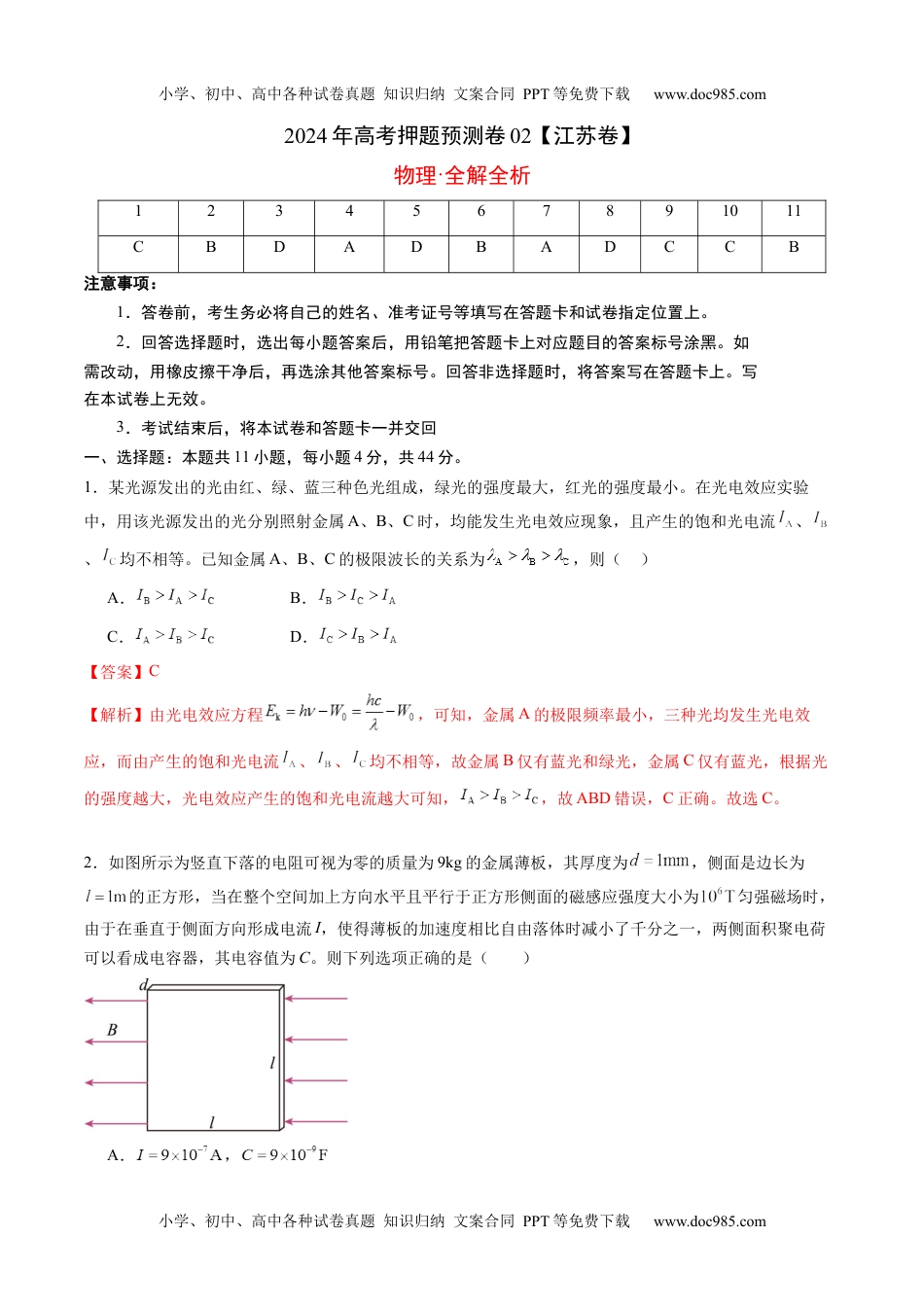 2024年高考押题预测卷物理（江苏卷02）（全解全析）.docx