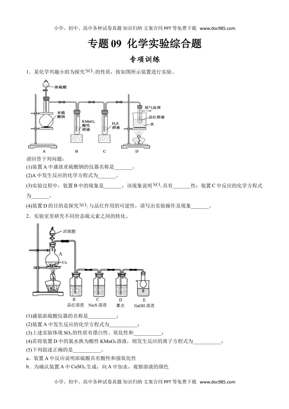 专题09 化学实验综合题【专项训练】-高一化学下学期期中专项复习（人教版2019必修第二册）（原卷版）.doc