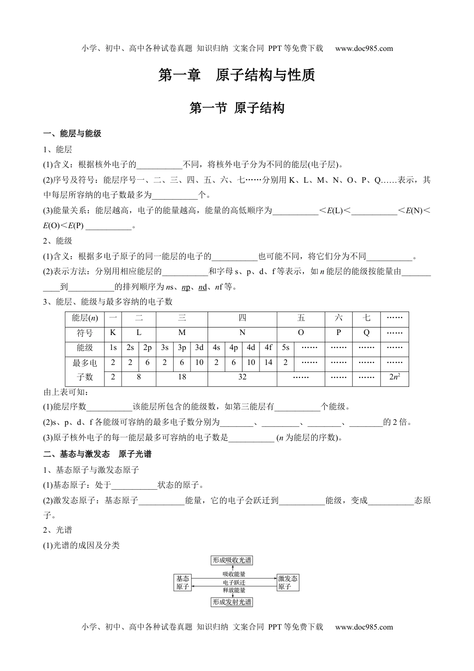 高二化学第一章 原子结构与性质-【知识手册】高中化学全册必背章节知识清单（人教版2019选择性必修2）（学生版）.docx