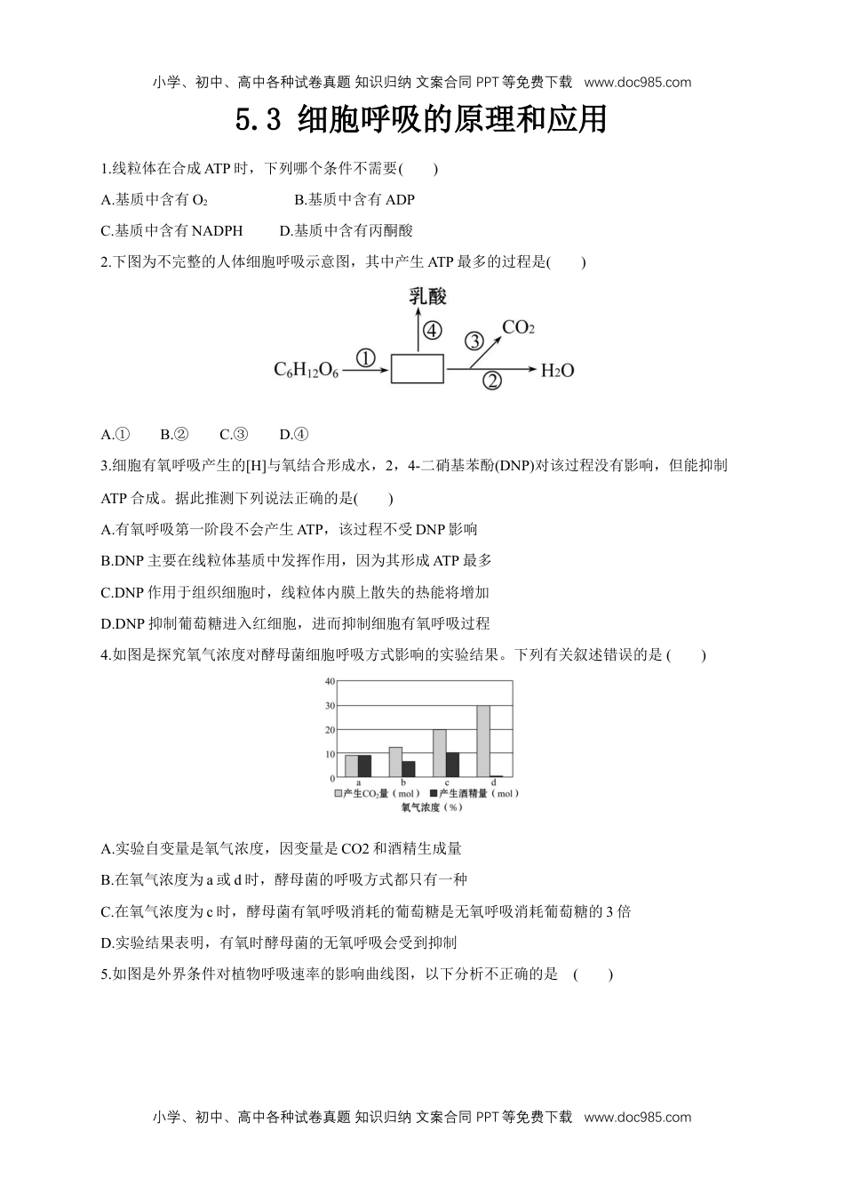 高一生物5.3 细胞呼吸的原理和应用 练习（1）（原卷版）.docx