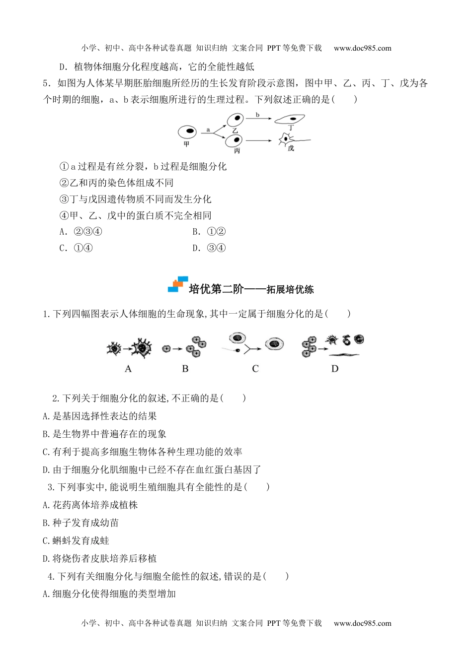 高一生物6.2 细胞的分化-高一生物上学期课后培优分级练（2019人教版必修1）（原卷版）.docx