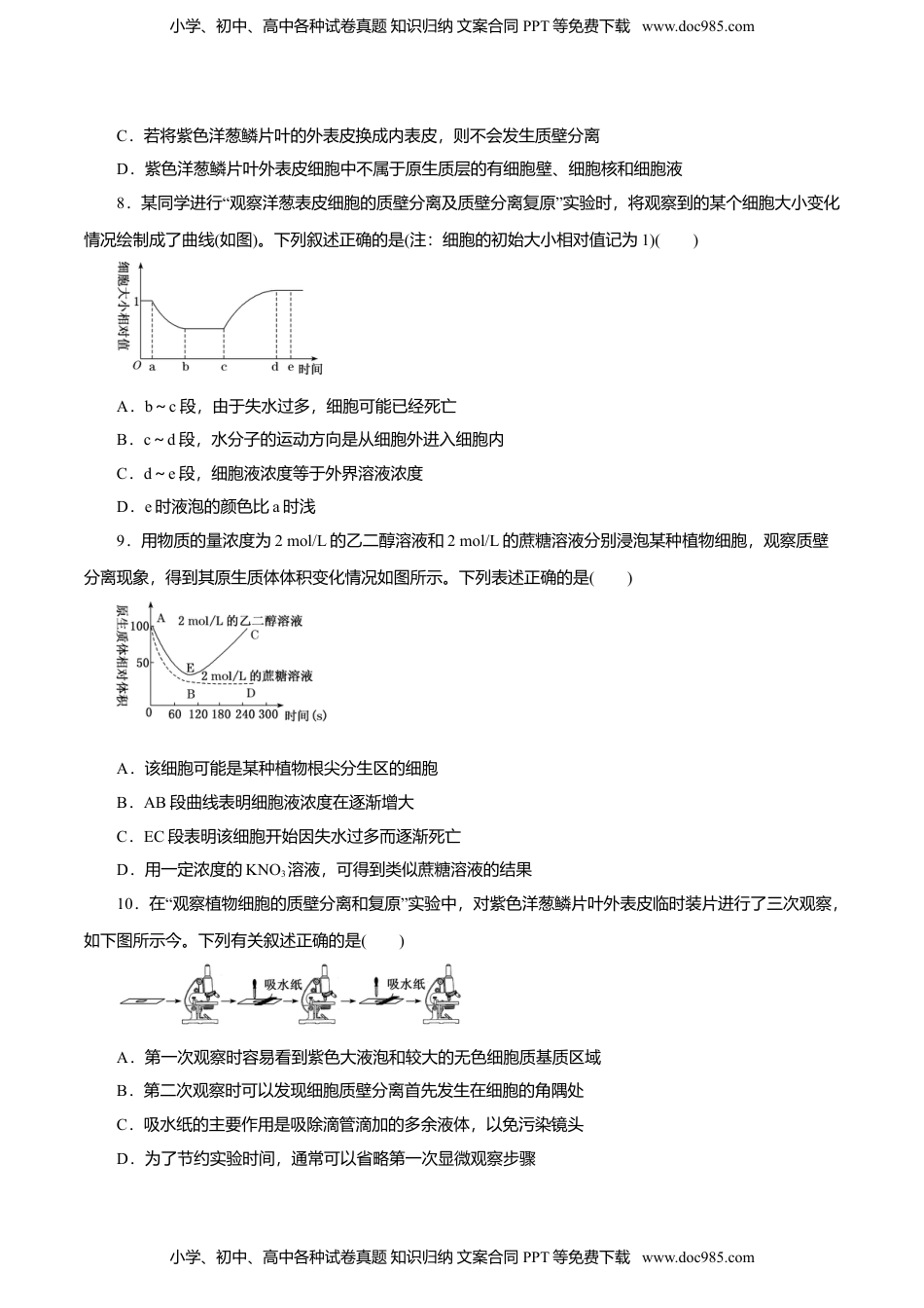 高一生物第04章 细胞的物质输入和输出（B卷）（原卷版）.doc