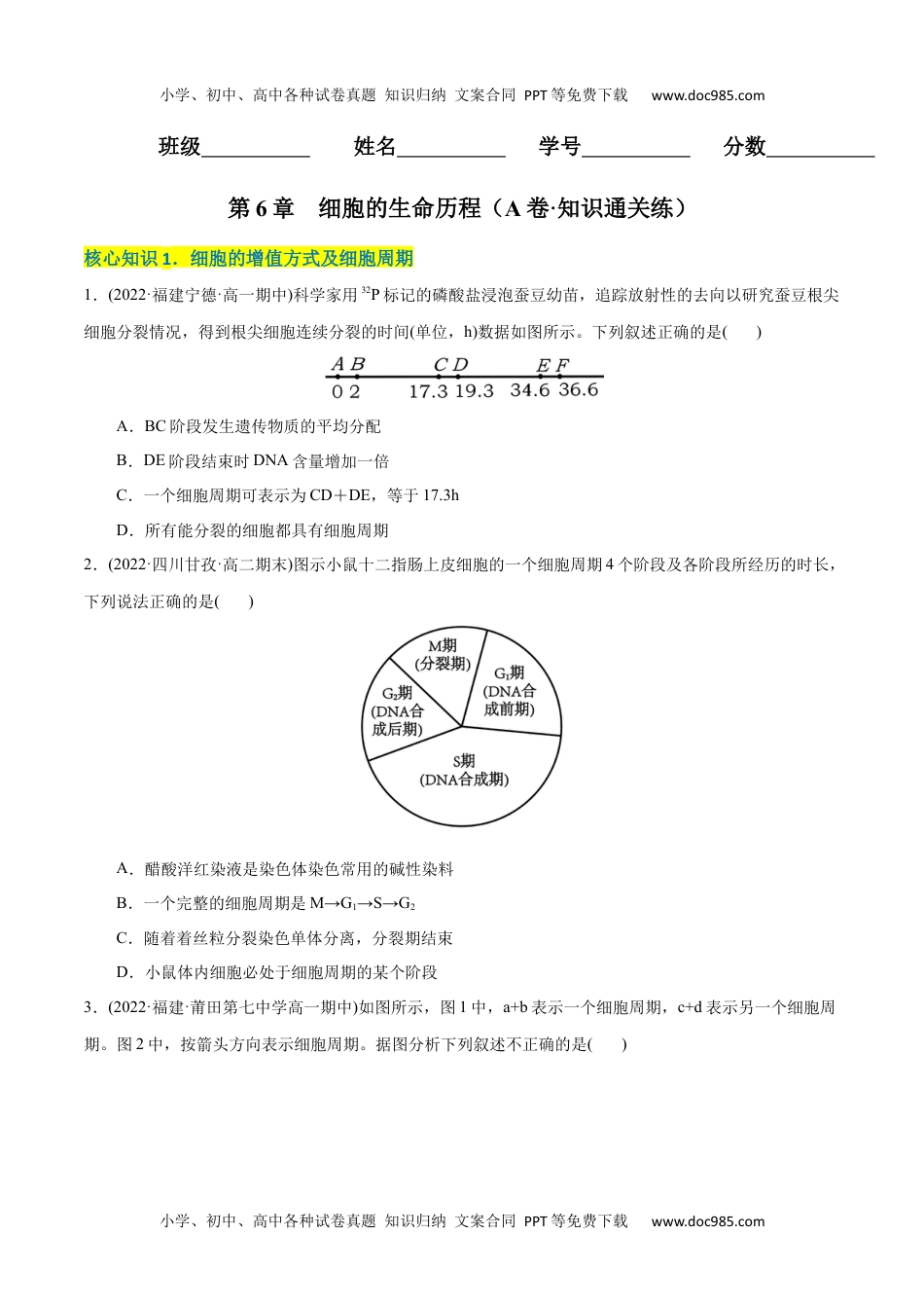 高一生物第6章  细胞的生命历程（A卷·知识通关练）（原卷版）.docx