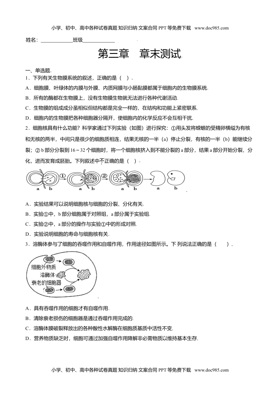 高一生物第三章  章末测试-高一生物课后培优练（人教版2019必修1）（原卷版）.doc