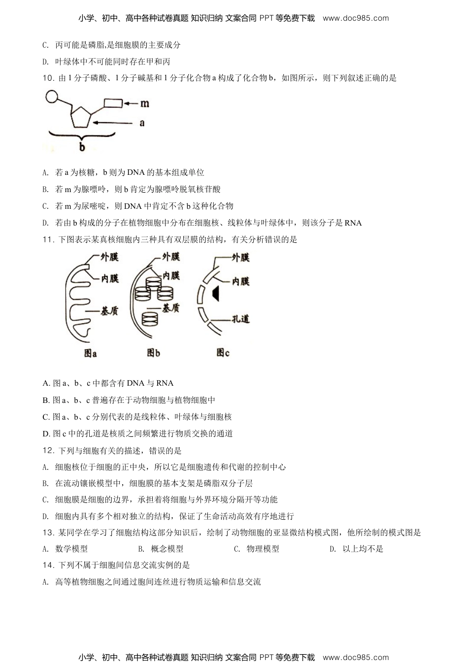 高一生物精品解析：天津市滨海新区高一上学期期末生物试题（原卷版）.doc