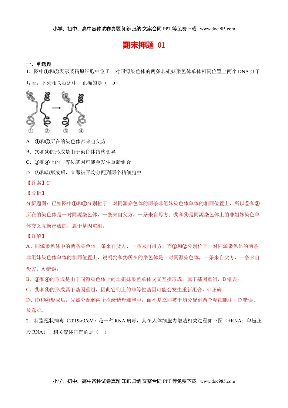 期末押题01-高一生物下学期期末专项复习（人教版2019必修2）（解析版）.doc