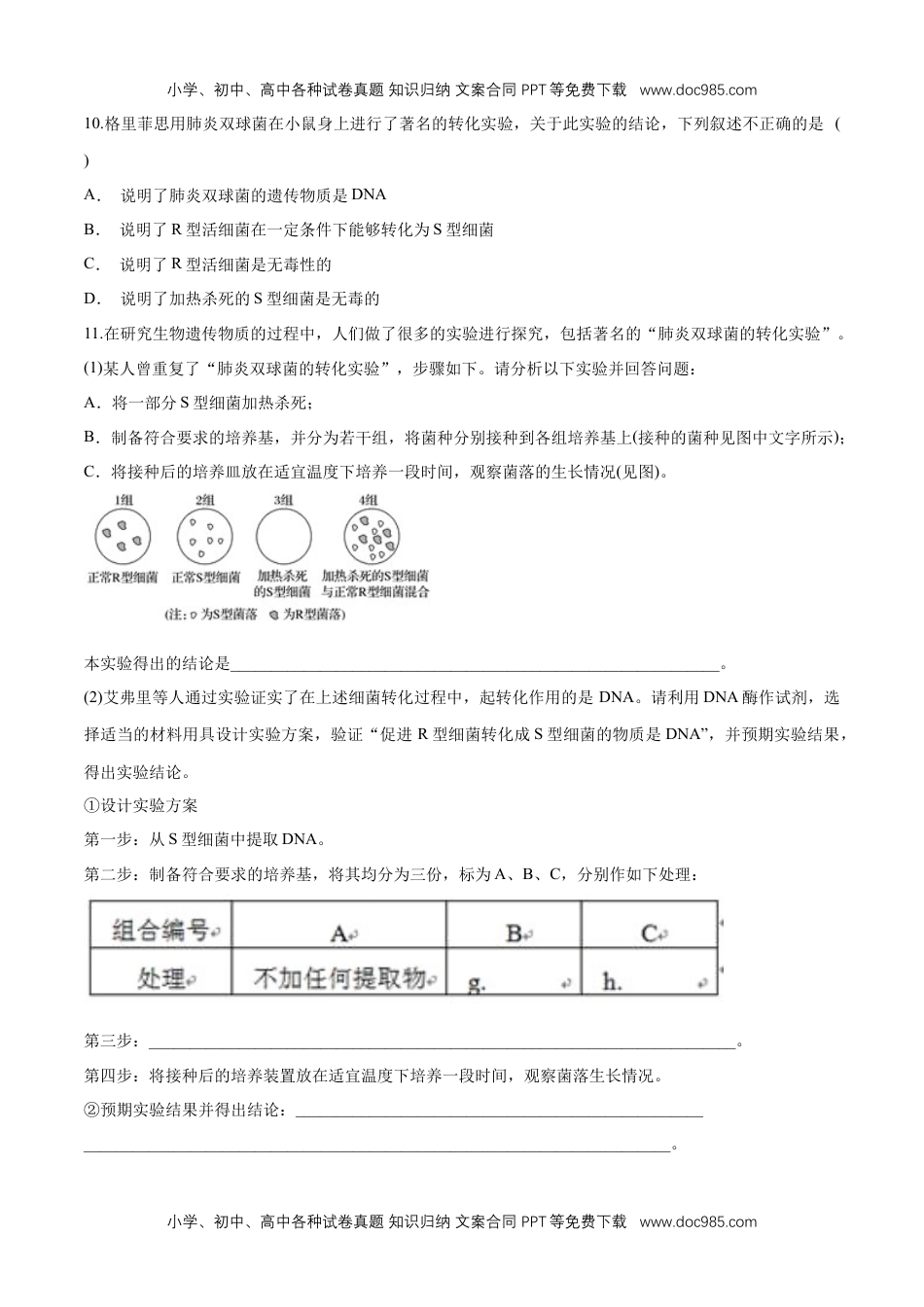 高一生物【新教材】 3.11 DNA是主要的遗传物质 练习（1）（原卷版）.docx