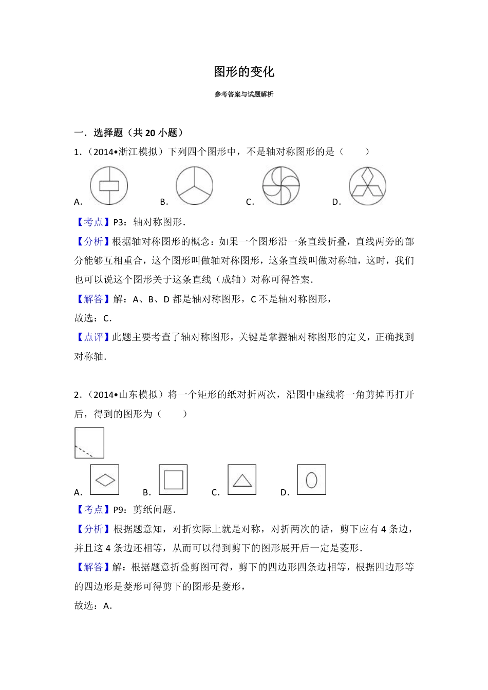 初中数学专题练习图形的变化  答案解析.pdf