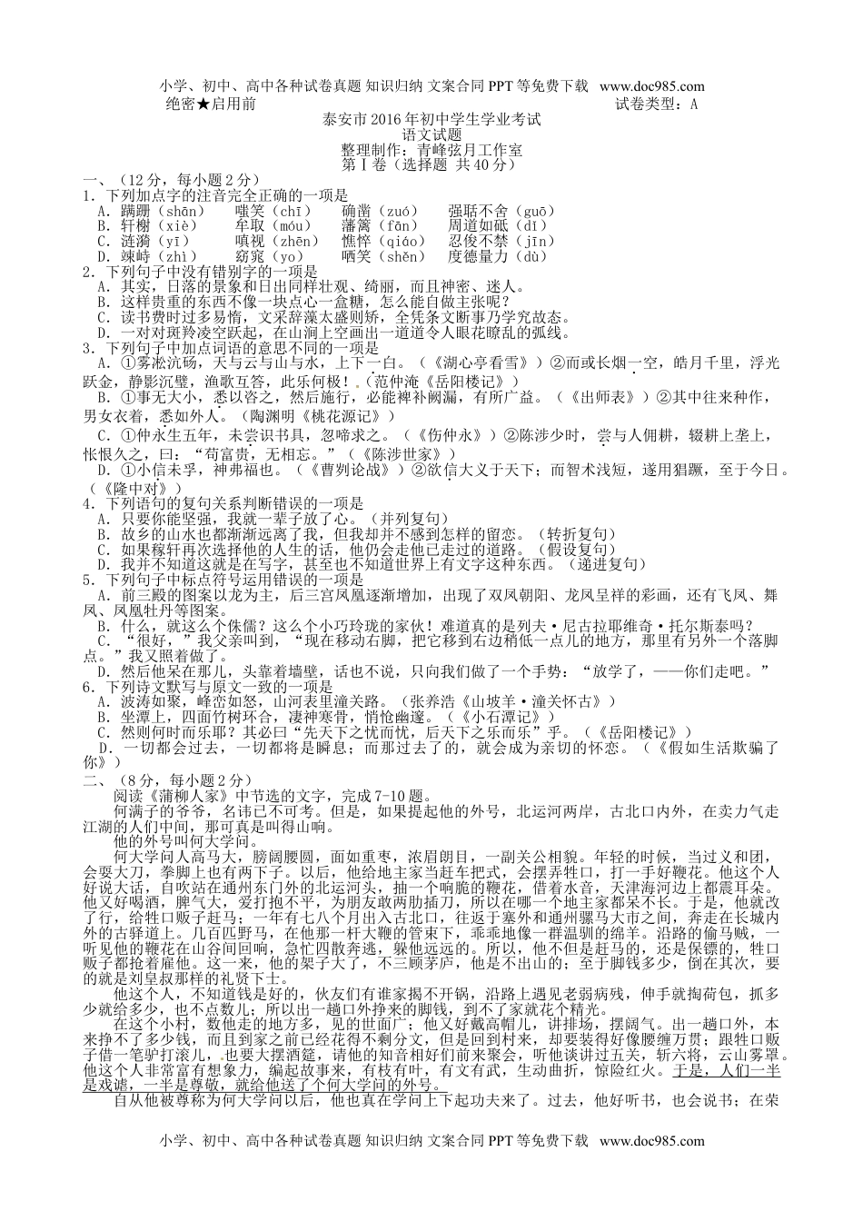 2016山东泰安语文试卷+答案+解析（word整理版）历年中考真题.doc