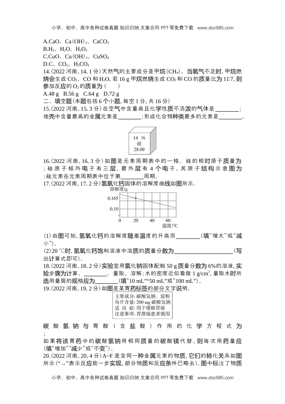 2022河南化学试卷+答案+解析（word整理版）历年中考真题 电子版免费下载.docx