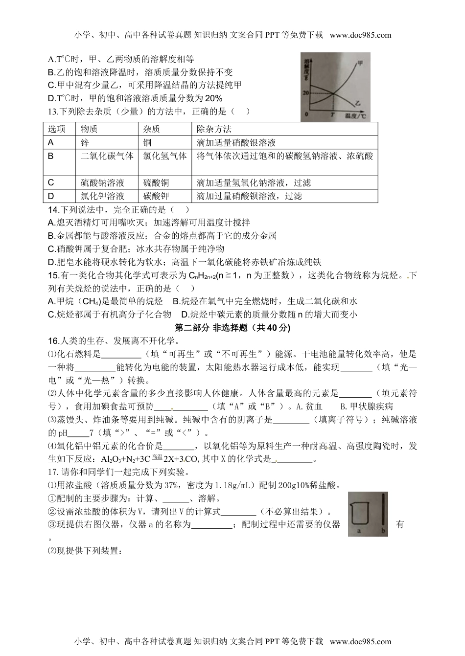 2015年江苏泰州化学试卷+答案（word整理版）历年中考真题 电子版免费下载.doc