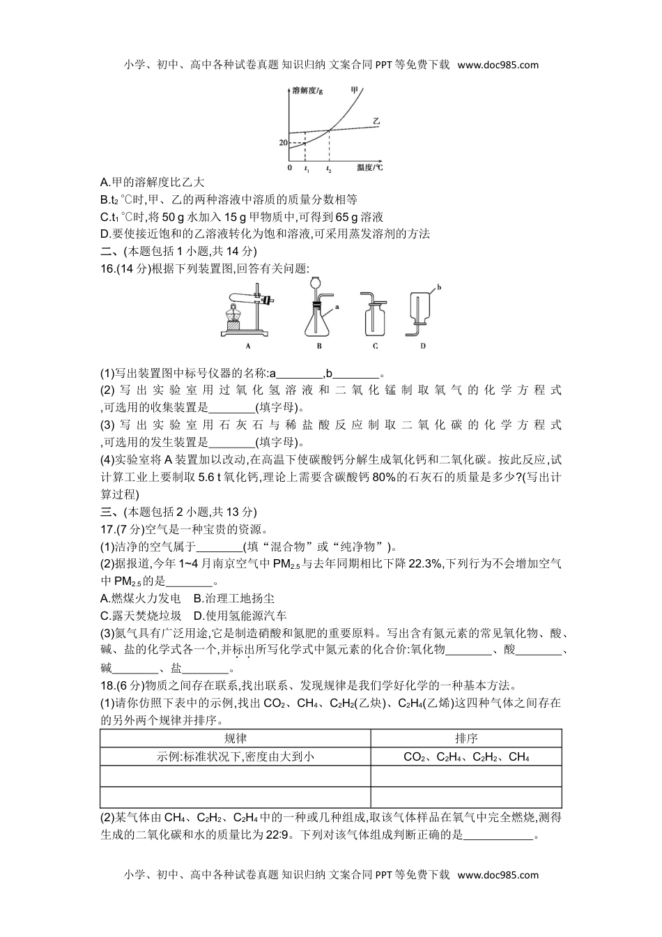 2015年江苏南京化学试卷+答案+解析（word整理版）历年中考真题 电子版免费下载.doc