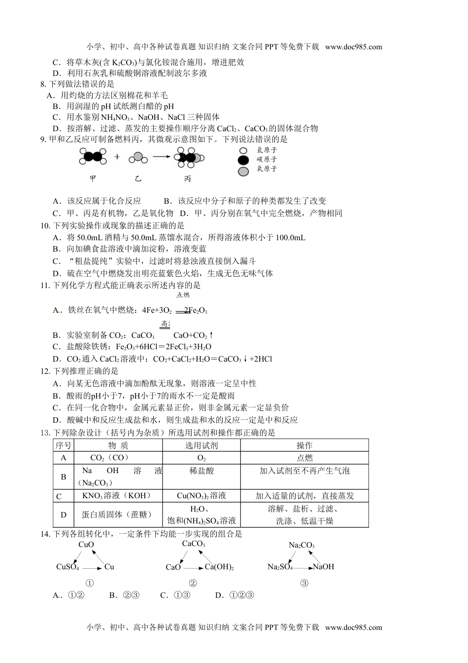 2013年江苏镇江化学试卷+答案（word整理版）历年中考真题 电子版免费下载.doc