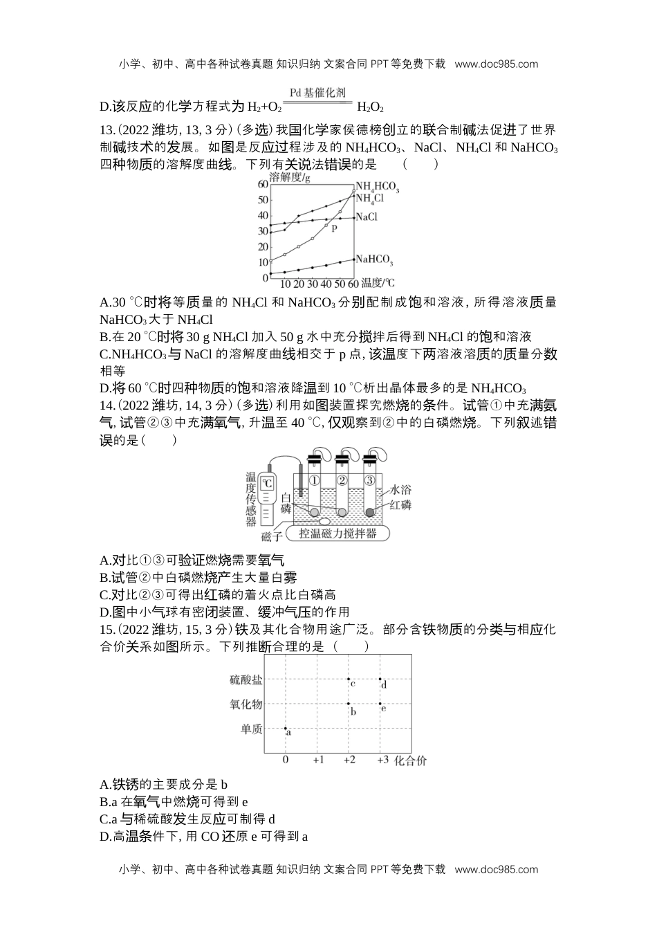 2022潍坊化学试卷+答案+解析（word整理版）历年中考真题 电子版免费下载.docx