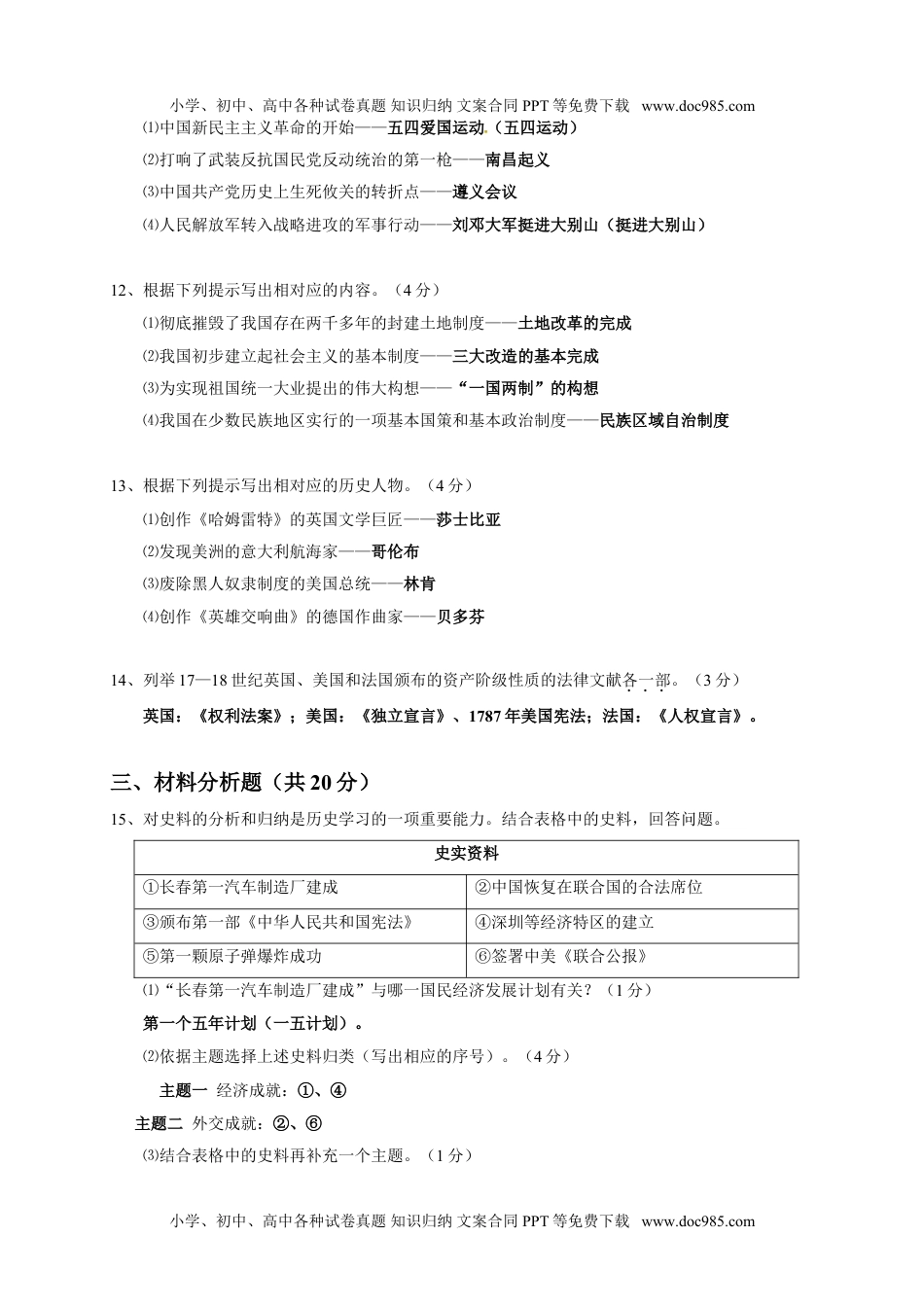 2017吉林历史试卷+答案（word整理版）历年中考真题 电子版免费下载.doc