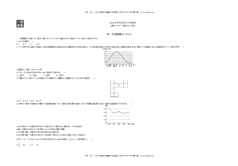 2018内蒙古呼和浩特数学试卷+答案+解析（word整理版）历年中考真题 电子版免费下载.docx