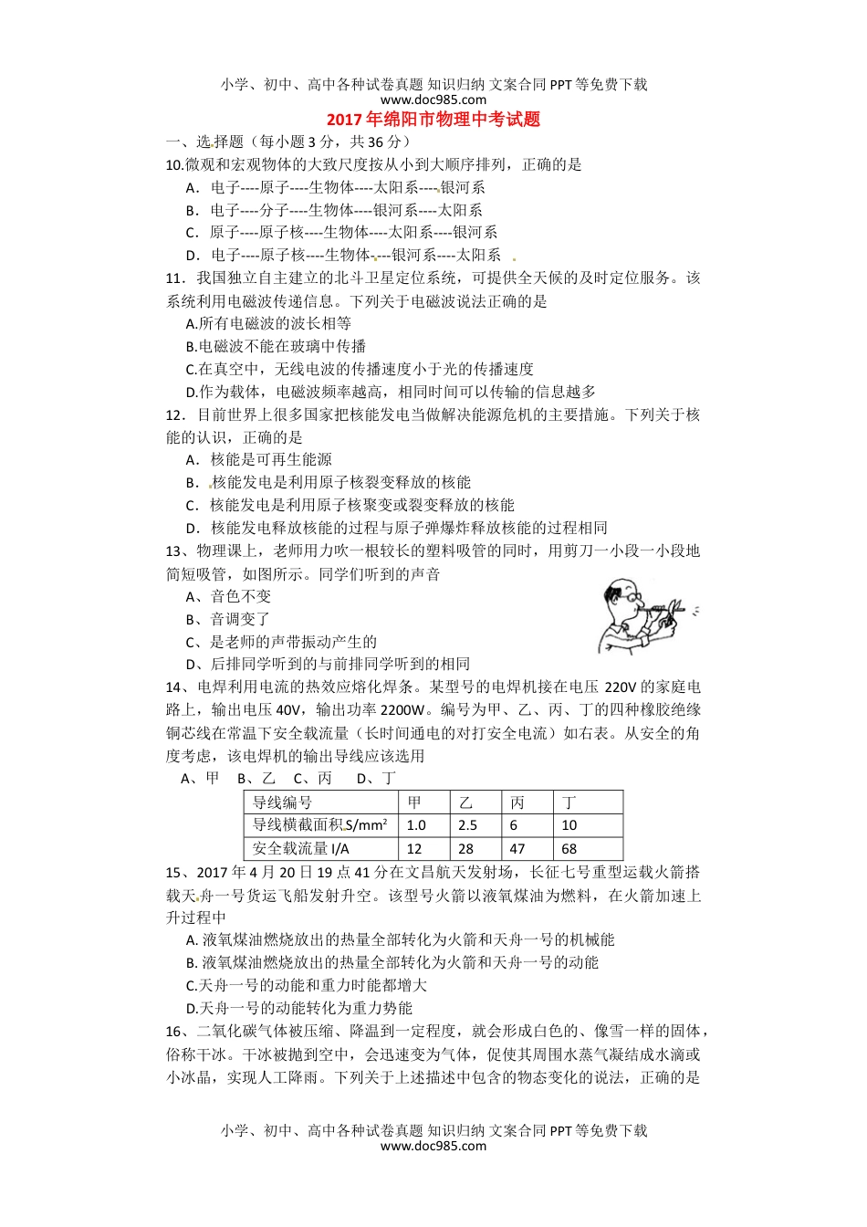 2017四川绵阳物理试卷+答案（word整理版）历年中考真题 电子版免费下载.doc