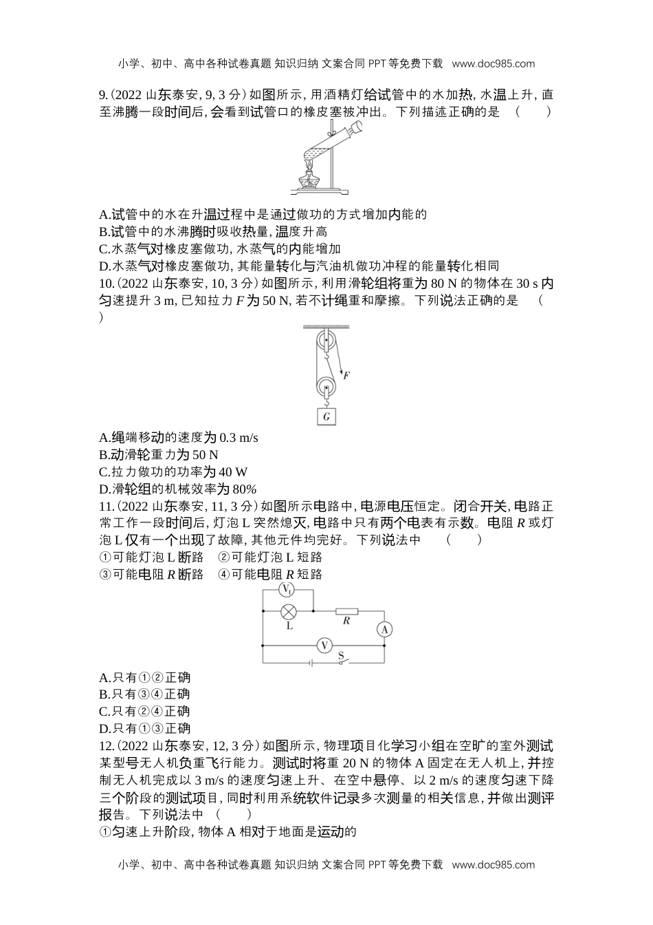 2022泰安物理试卷+答案+解析（word整理版）历年中考真题 电子版免费下载.docx