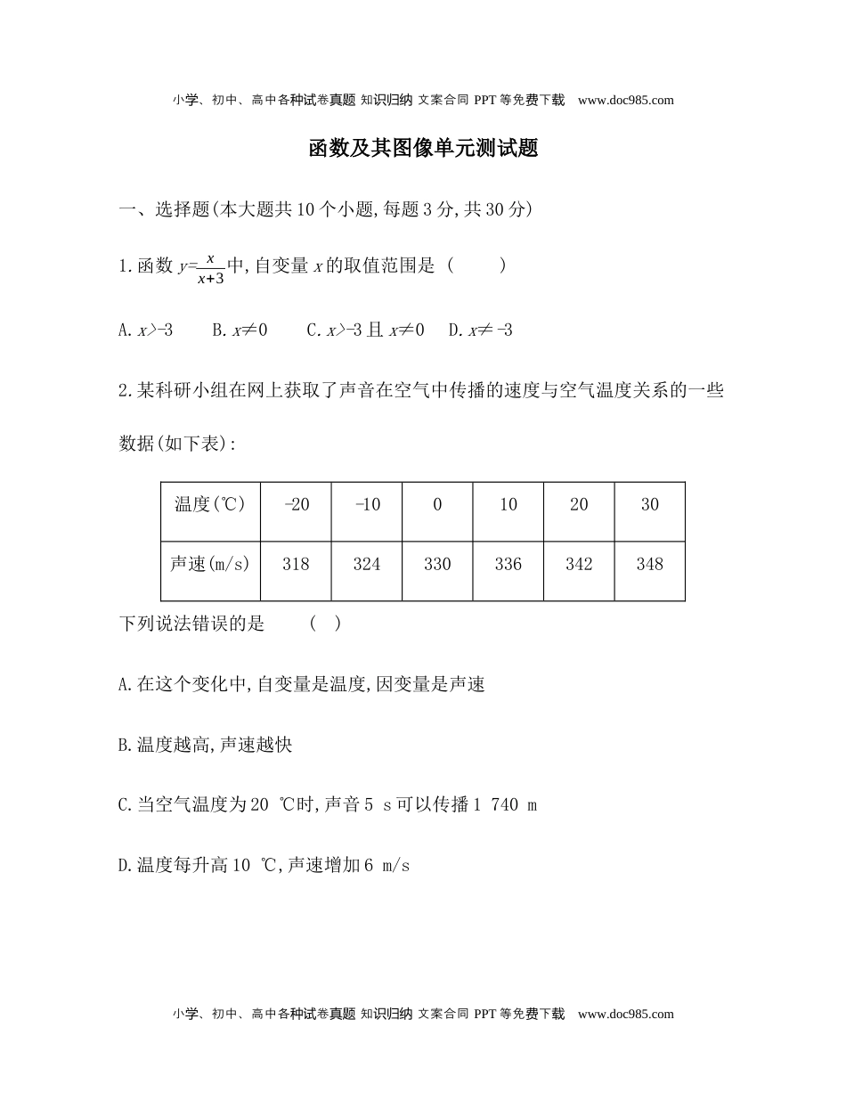 华东师大八年级数学下册函数及其图像单元测试.docx