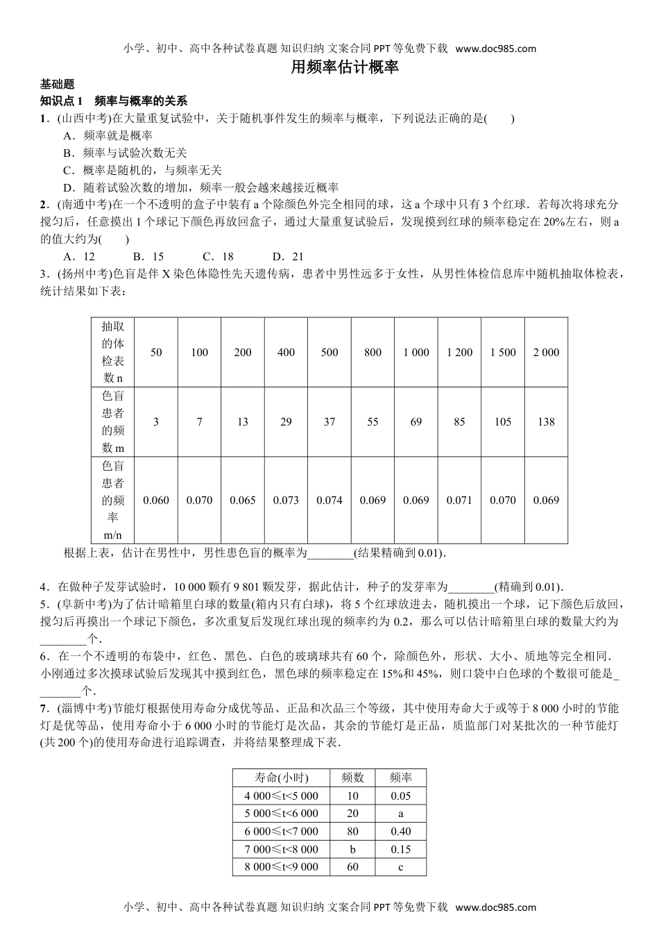 九年级下册数学 用频率估计概率.doc