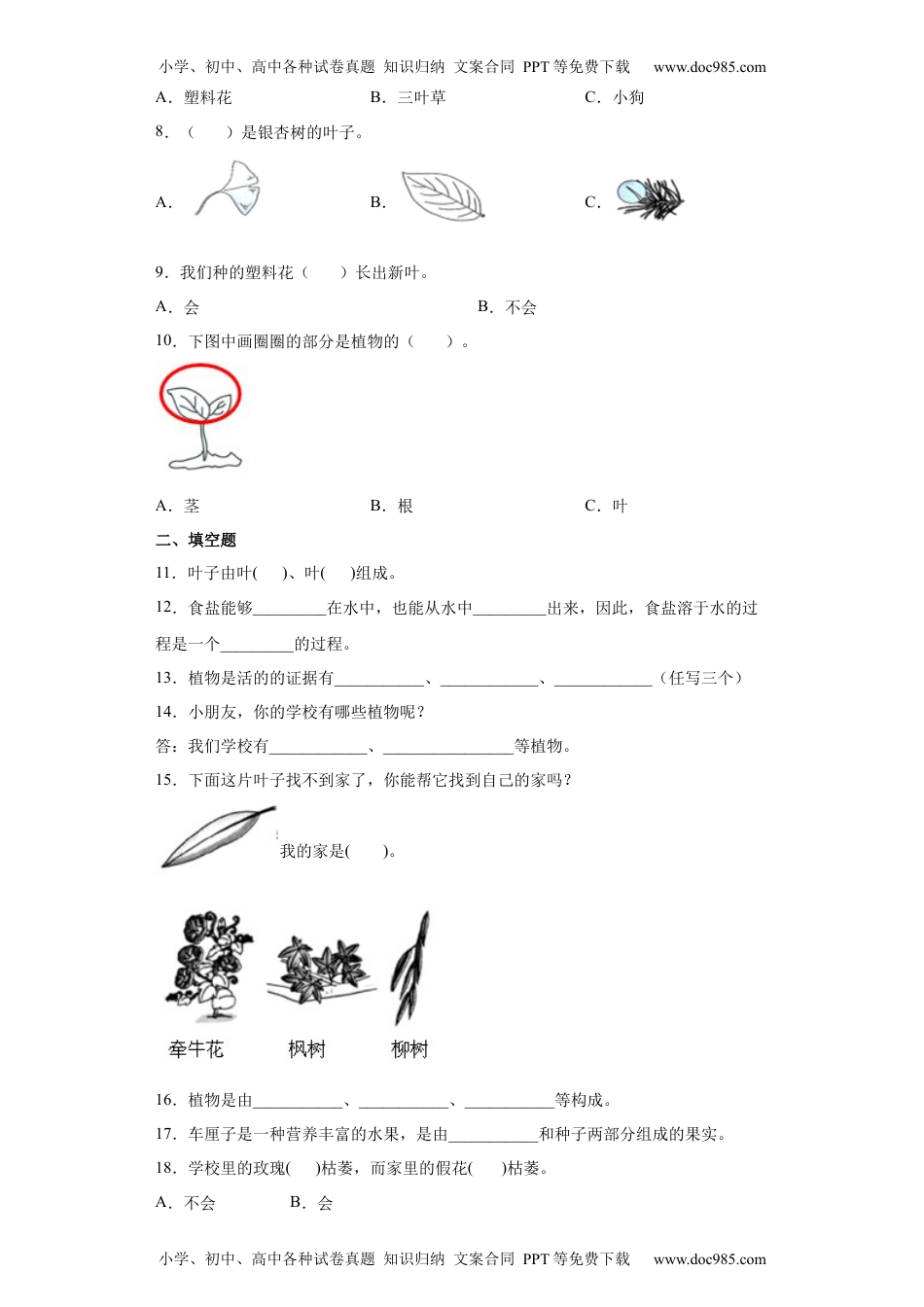 一年级科学上册教科版 一年级上册第一单元植物单元测试卷（含答案).1 (1).docx