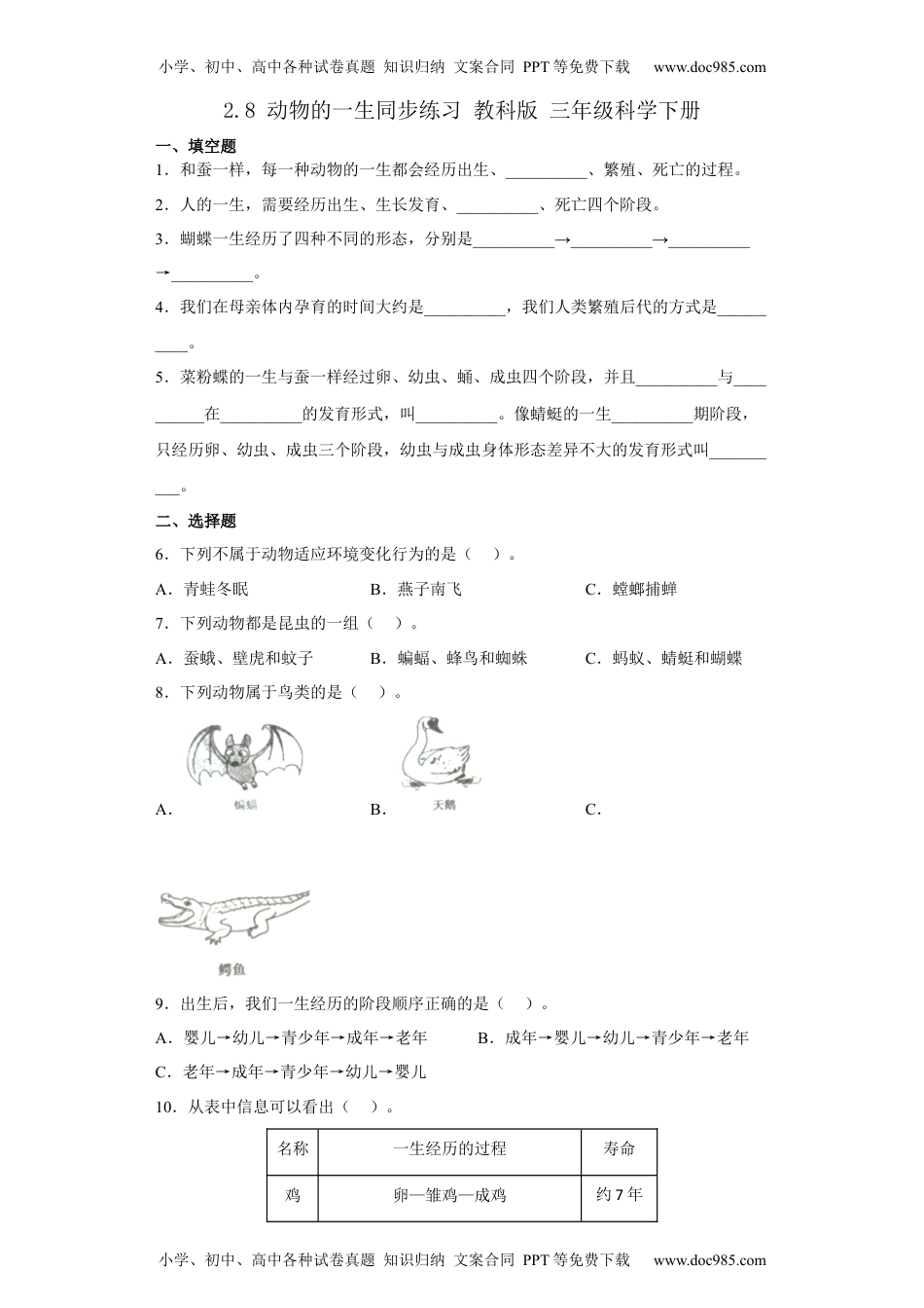 三年级科学下册2.8 动物的一生 同步练习（含答案）.docx