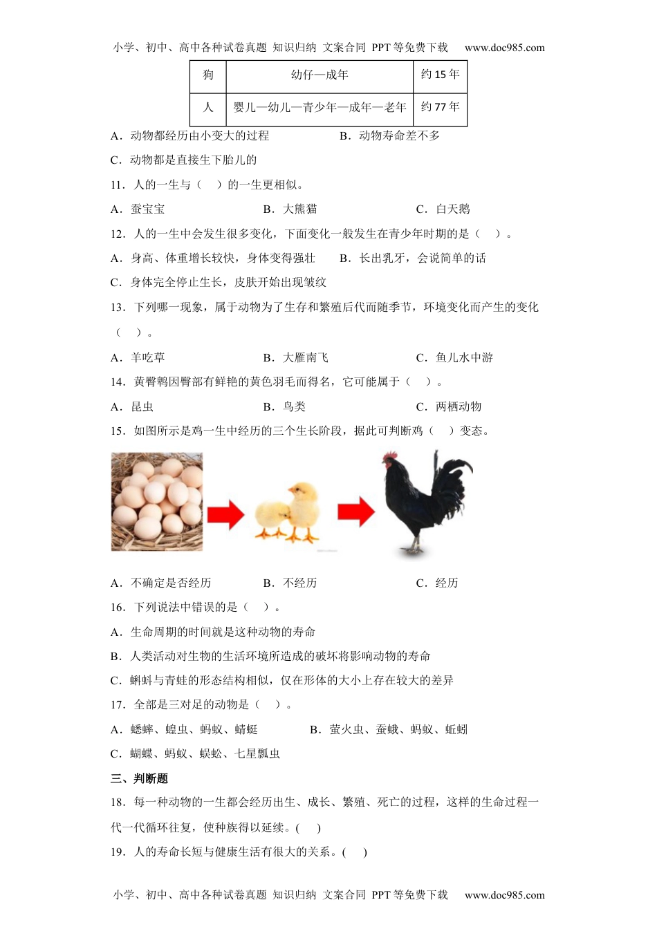 三年级科学下册2.8 动物的一生 同步练习（含答案）.docx