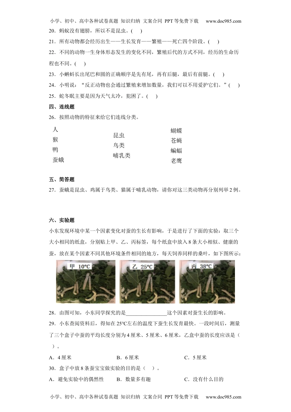 三年级科学下册2.8 动物的一生 同步练习（含答案）.docx