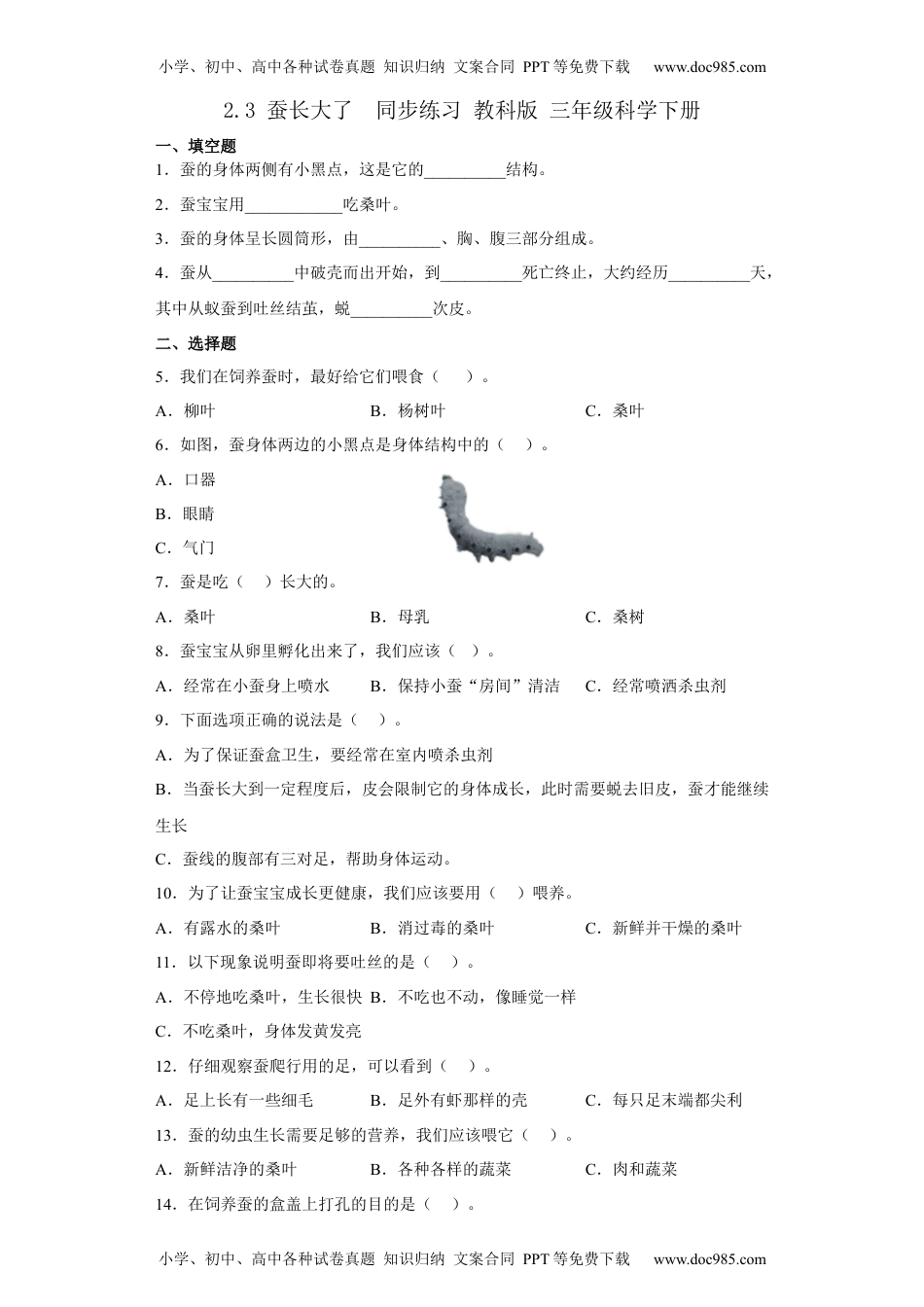 三年级科学下册2.3蚕长大了 同步练习（含答案）.docx