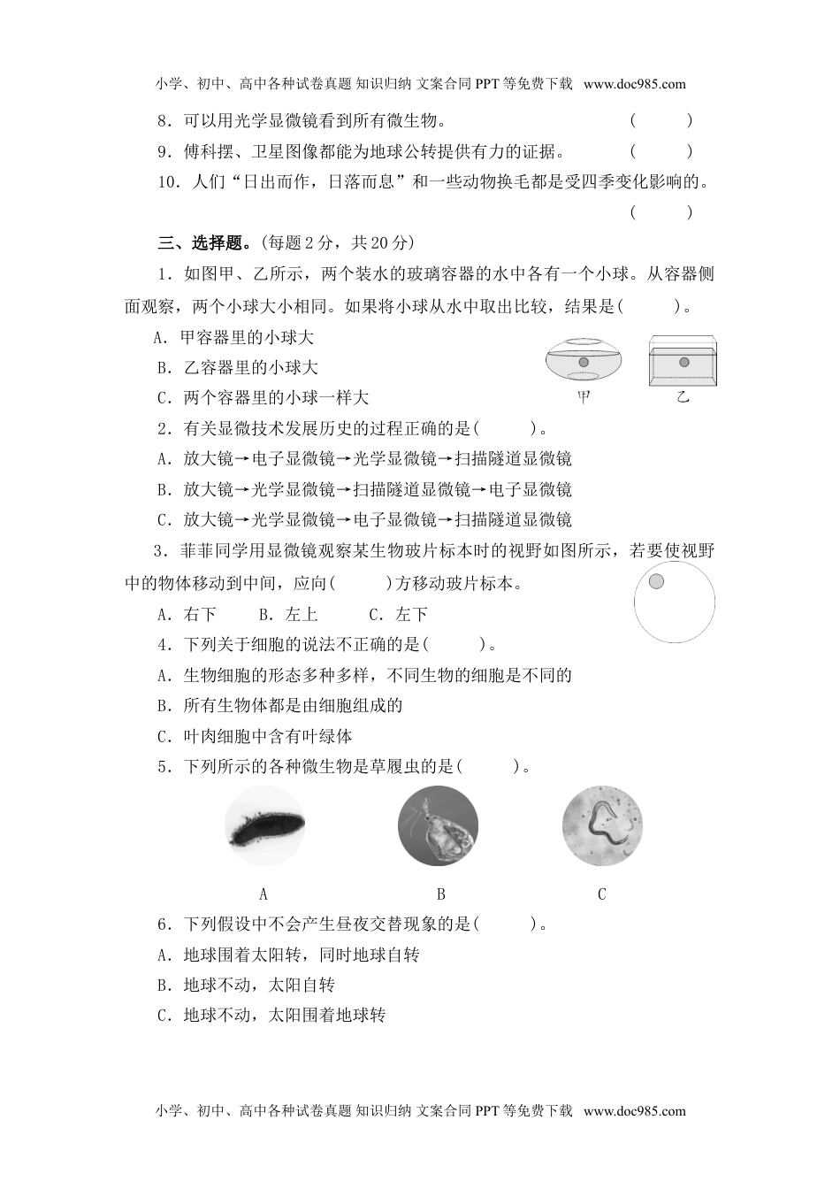 六年级上册科学六上期中测试卷教科版（含答案） (1).doc