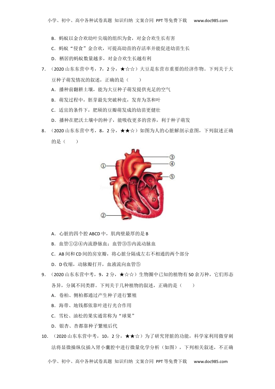 2020中考真题20生物——山东省东营市【word版，含答案全解全析】.docx