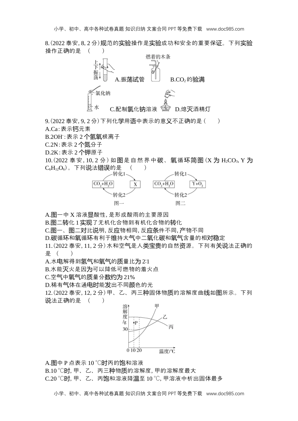 历年化学中考试卷真题2022泰安化学试卷+答案+解析（word整理版）.docx