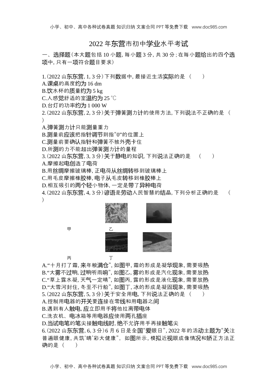 历年物理中考真题2022东营物理试卷+答案+解析（word整理版）.docx