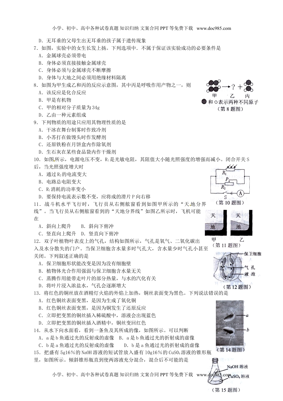 历年物理中考真题2015年浙江宁波物理试卷+答案（图片+word整理版）.doc