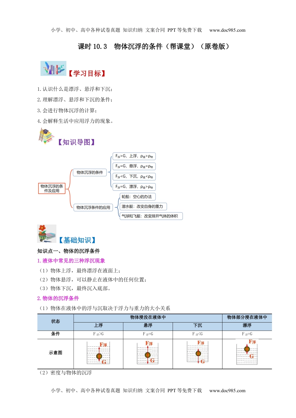 八年级物理下册同步练习10.3 物体沉浮的条件（学生版）-八年级物理下册同步精品讲义（人教版）.docx