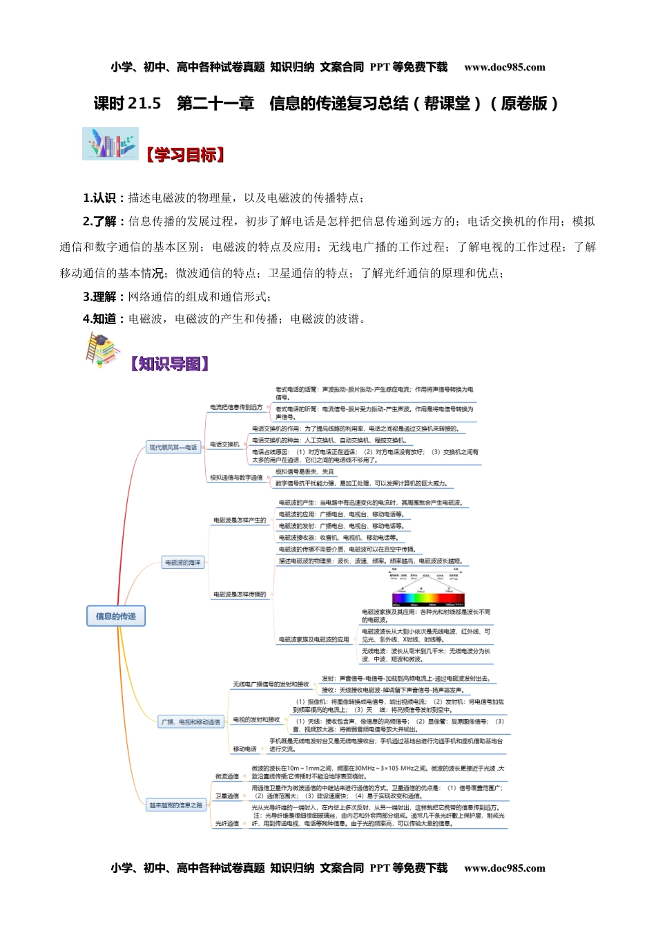 九年级物理全一册同步练习21.5 第二十一章 信息的传递 复习总结（学生版）-九年级物理全册同步精品讲义（人教版）.docx