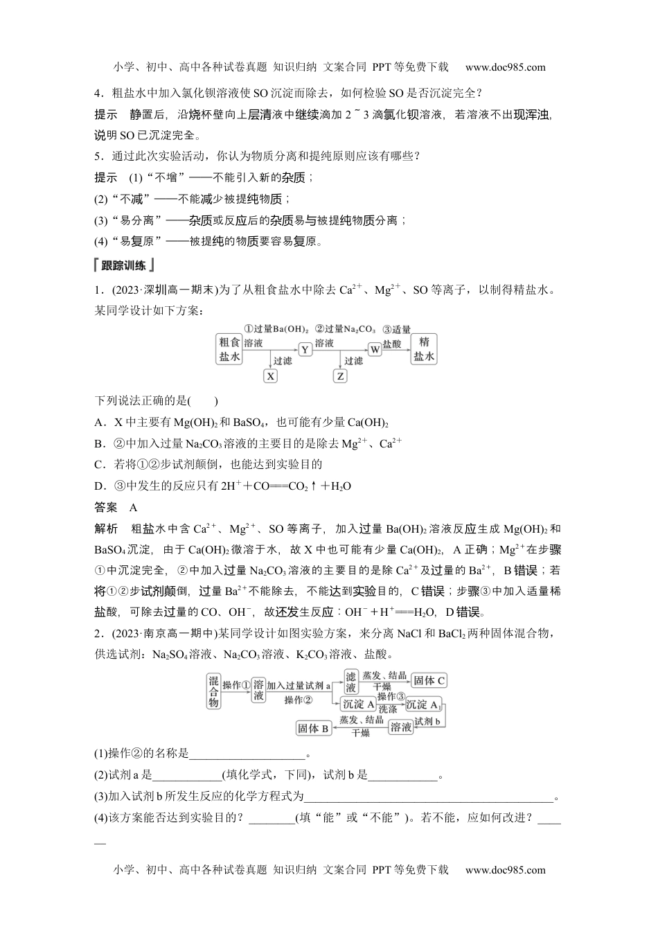 2024年高中化学新教材同步必修第二册  第5章 实验活动4　用化学沉淀法去除粗盐中的杂质离子.docx