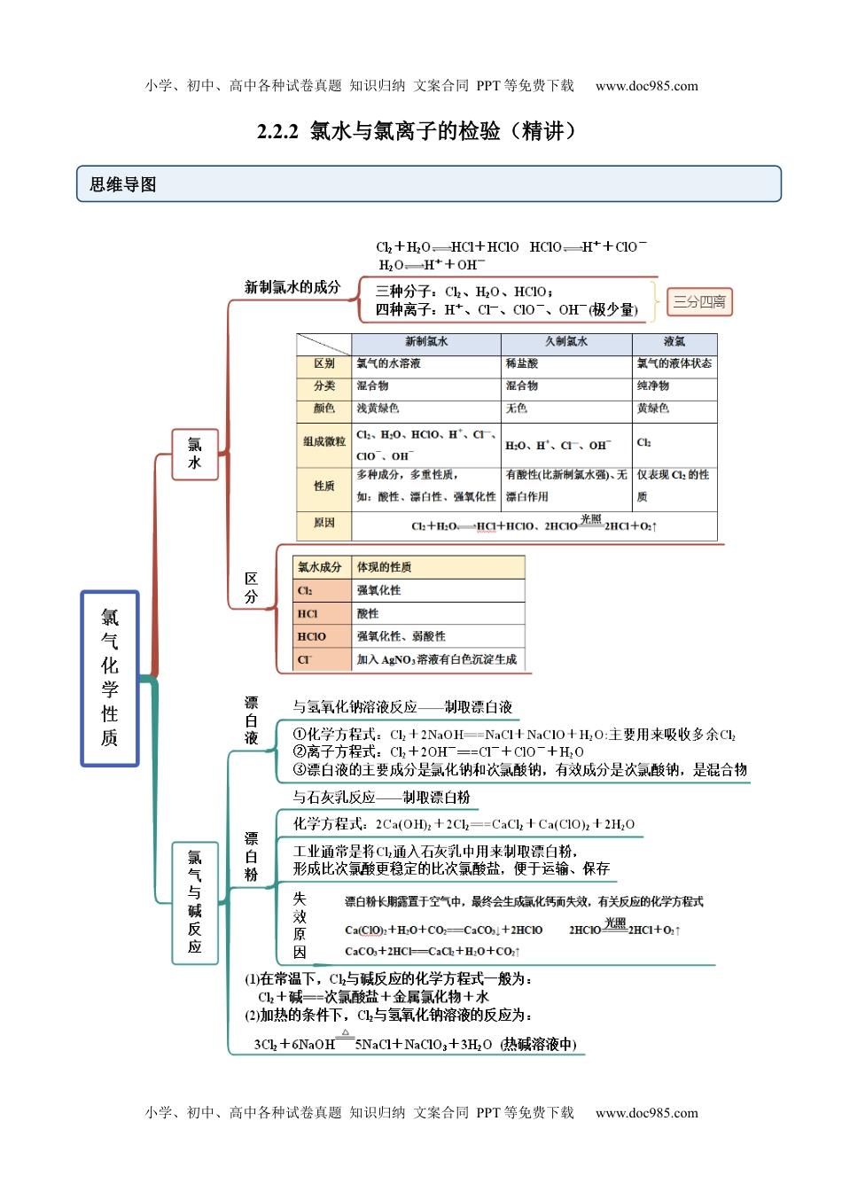 高中化学必修第一册同步试题2.2.2 氯水与氯离子的检验（精讲）（解析版）.docx