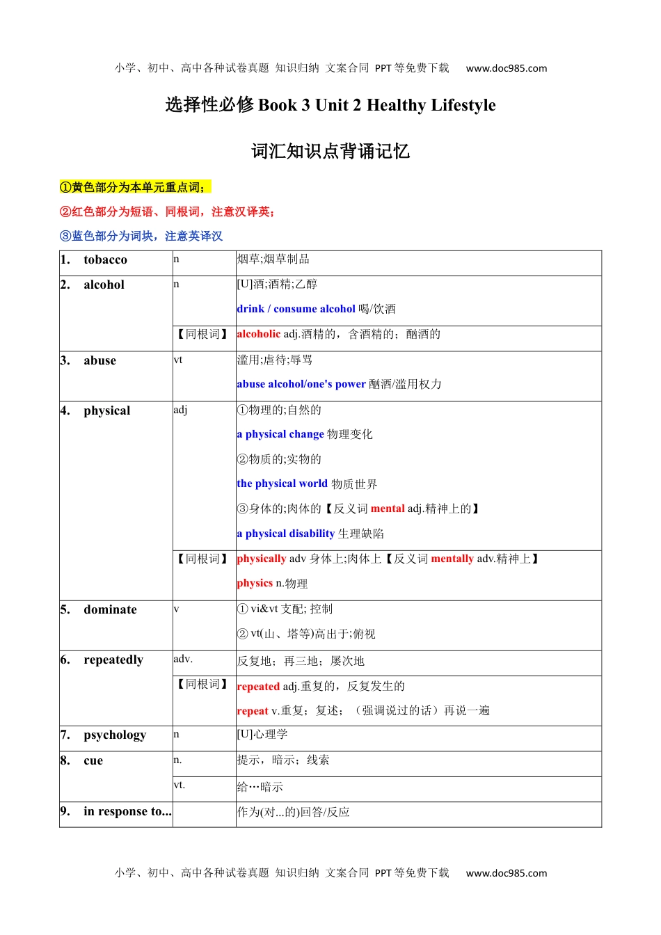 高二英语同步精品讲义（选择性必修三）Unit 2 Healthy Lifestyle 词汇知识点背诵记忆-2022-2023学年高二英语单元同步词汇教学与检测（人教2019版选择性必修第三册）.docx