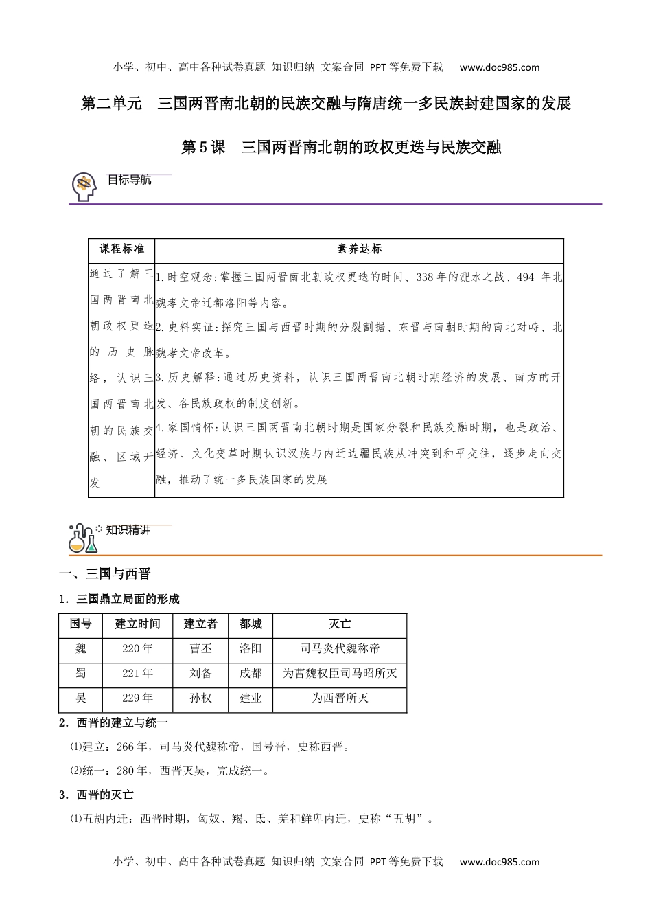 高一历史同步精品讲义（中外历史纲要上）第05课 三国两晋南北朝的政权更迭与民族交融（学生版）-2023历史同步精品讲义（中外历史纲要上）.docx