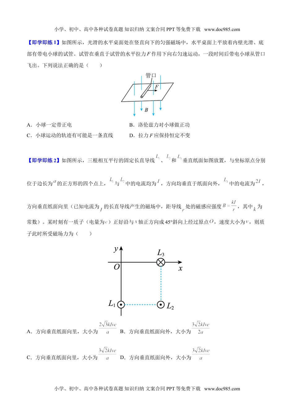 高中物理 选择性必修2（同步精品讲义）第02讲 磁场对运动电荷的作用力（原卷版）.doc