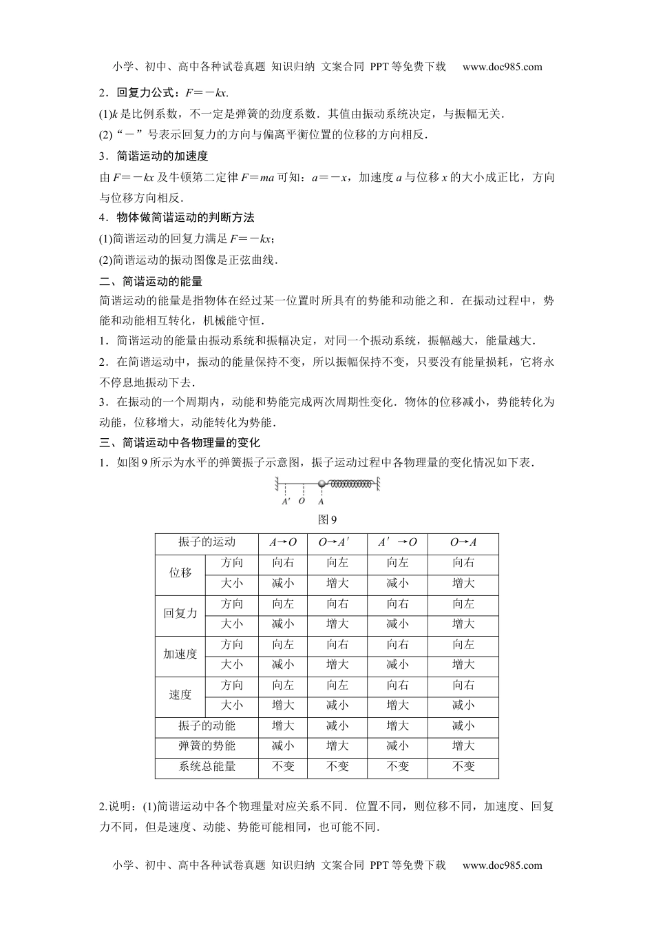 高中物理 选修第1册 新课改08 B简谐运动的回复力和能量 中档版.docx