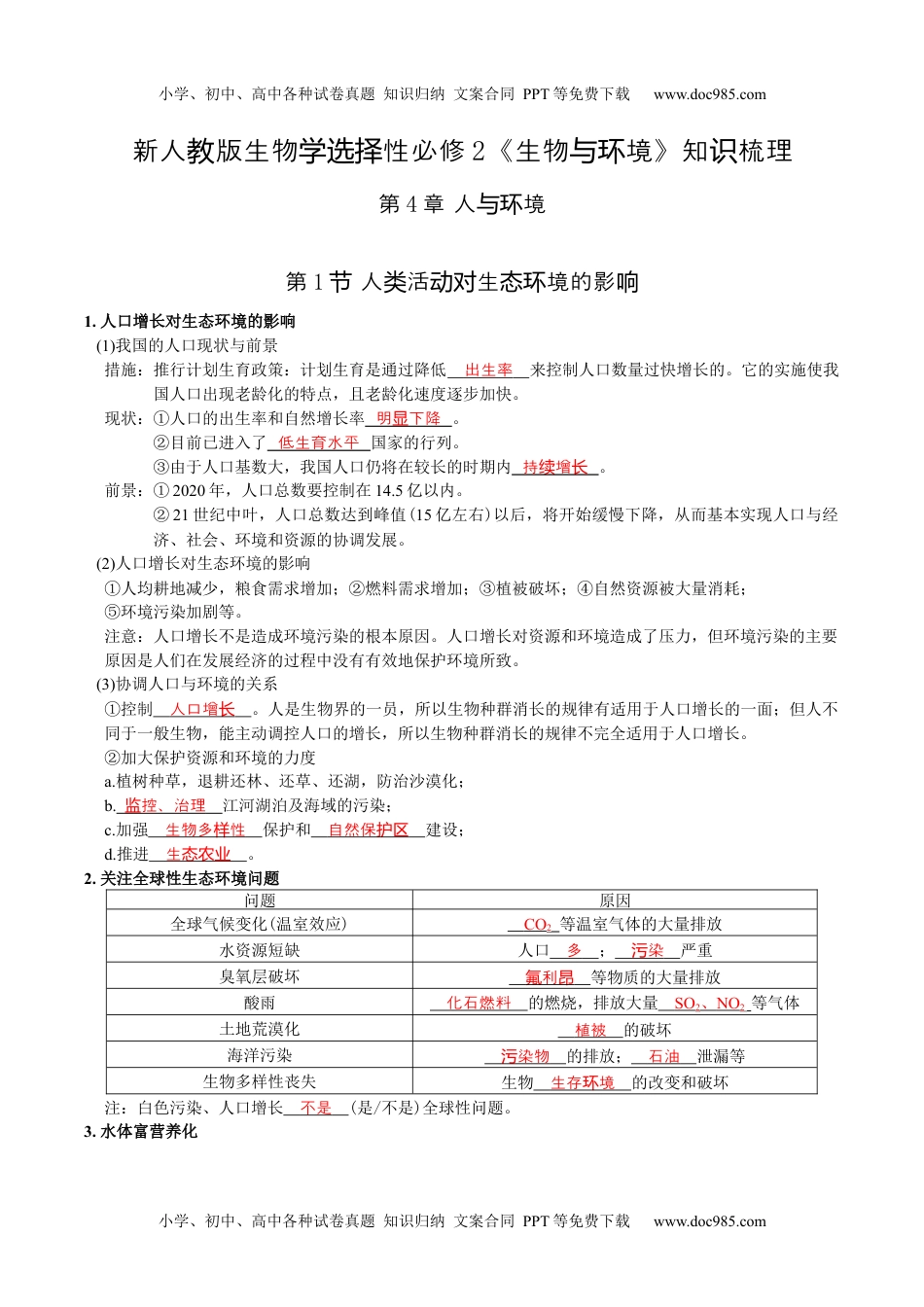 第4章 人与环境-【必背知识】2022学年高二生物章节知识清单（人教版2019选择性必修2）（背诵版）.docx