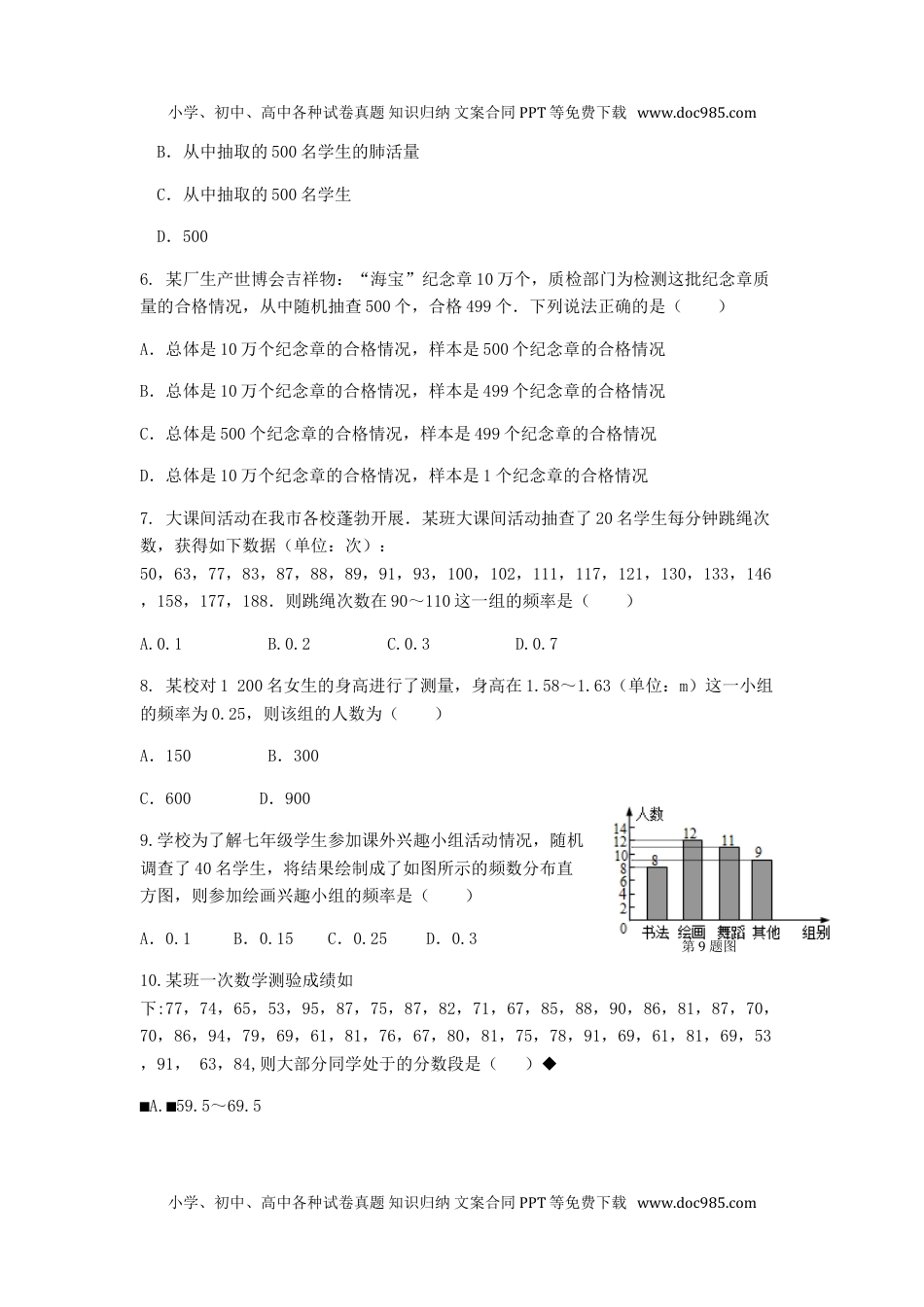 初中七年级下册数学第10章 数据的收集、整理与描述 检测题.doc