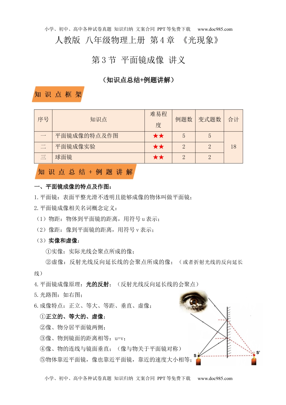 初中八年级物理上册4.3平面镜成像（知识点+例题）（解析版）.docx