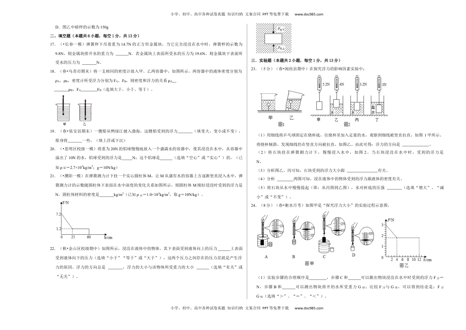 初中八年级物理下册第十章《浮力》单元测试卷（考试版）.docx