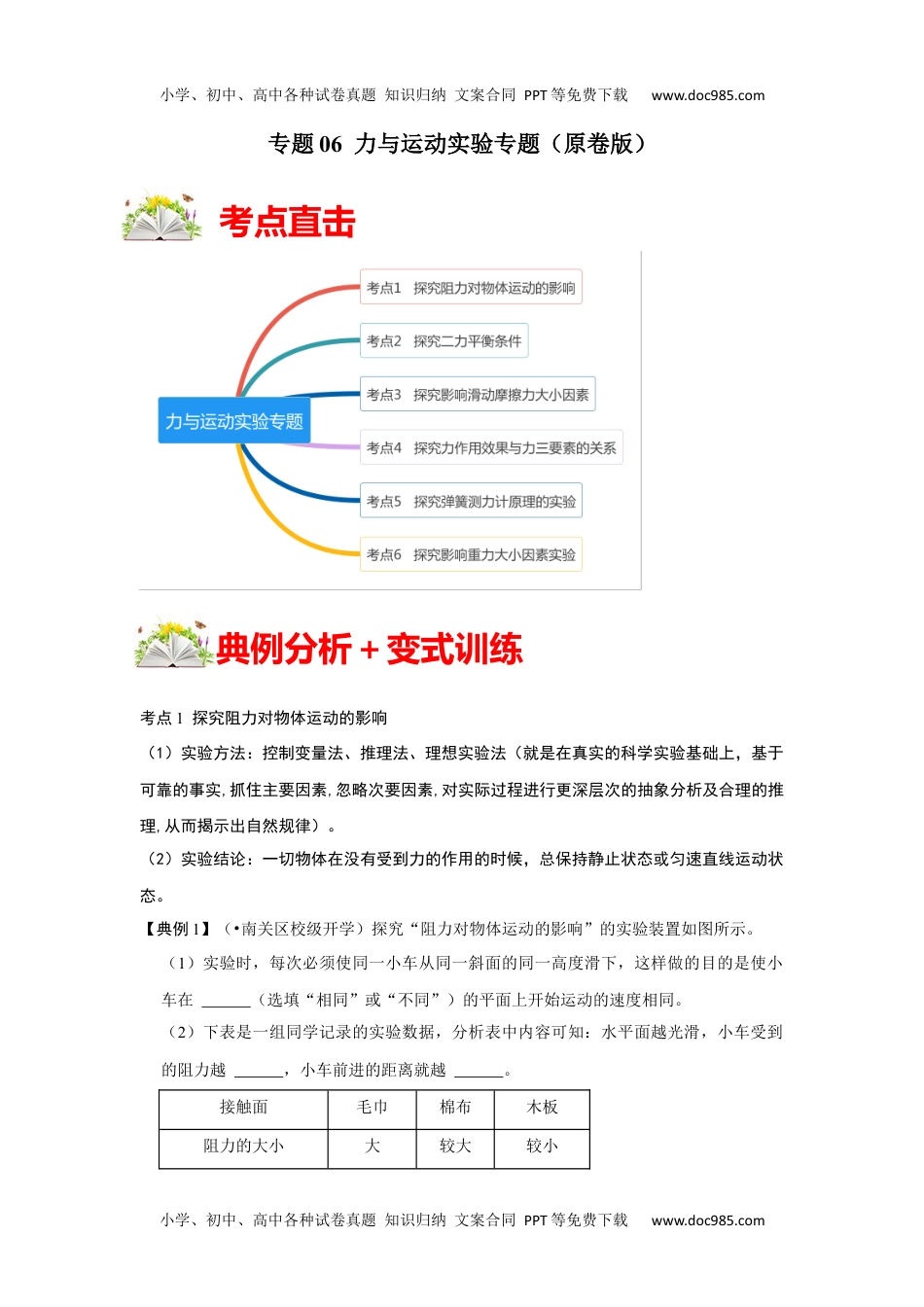 初中八年级物理下册专题06  力与运动实验专题（原卷版）.docx