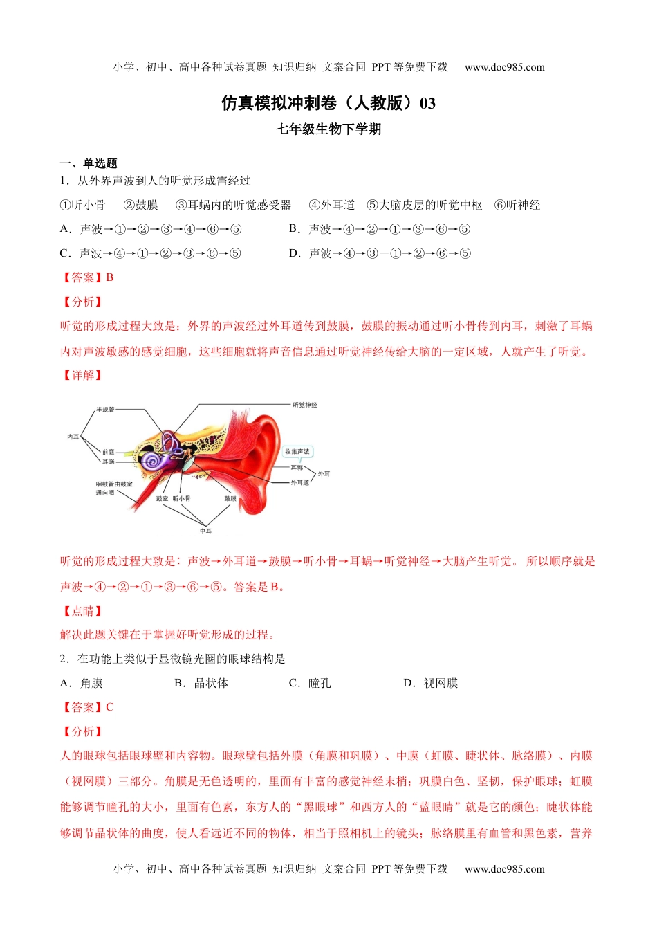 2020-2021学年七年级生物下学期期末仿真模拟冲刺卷（人教版）03（解析版）.docx