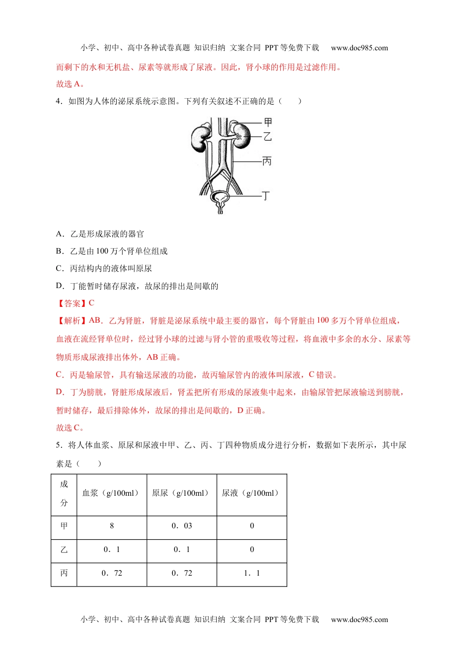 第五章 人体废物的排出（基础突破卷）- 2021-2022学年七年级生物下册基础与培优高效突破测试卷（人教版）（解析版）_new.docx